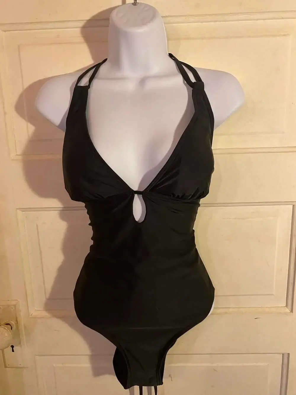 Women's Black Halter One-Piece Swimsuit with Keyhole and Lace-Up Back